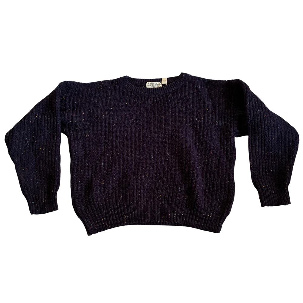 Vintage Saturdays Sweater Womens Large Navy Speckled Ribbed Knit Acrylic Wool